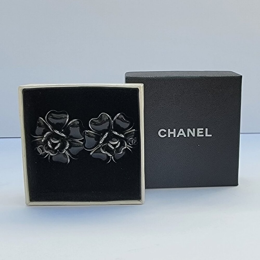 CHANEL black & silver cameilla clip on earrings